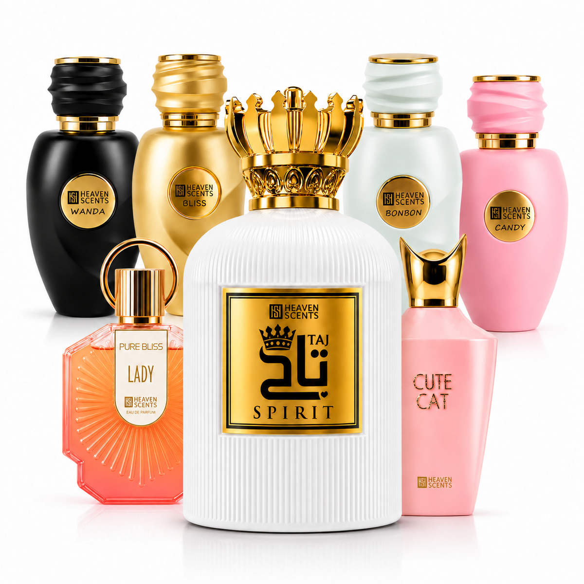Heaven Scents seven-perfume feminine bundle with White Taj Spirit, Wanda, Bliss, Bonbon, Candy, Lady and Cute Cat
