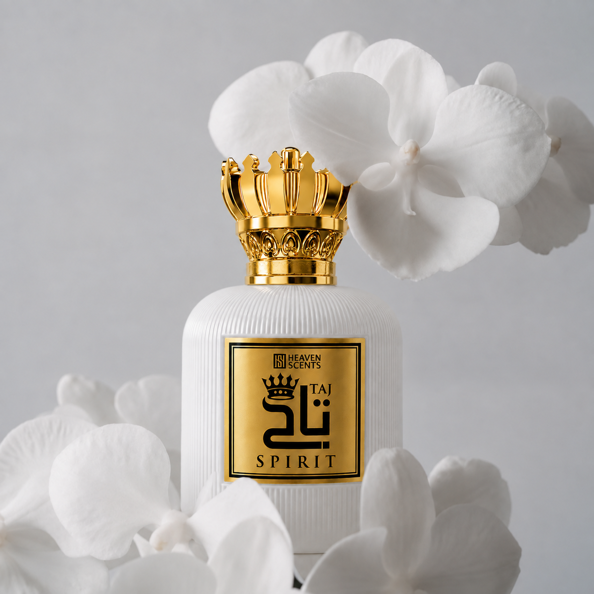 White Taj Spirit Perfume 100ml with a gold crown cap surrounded by white orchids