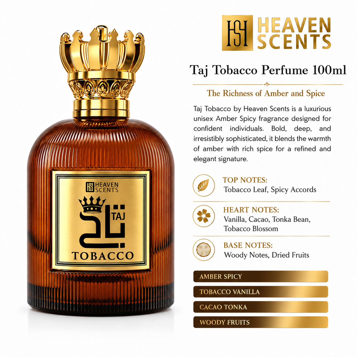Taj Tobacco Perfume 100ml by Heaven Scents with an open gold crown cap and fragrance details