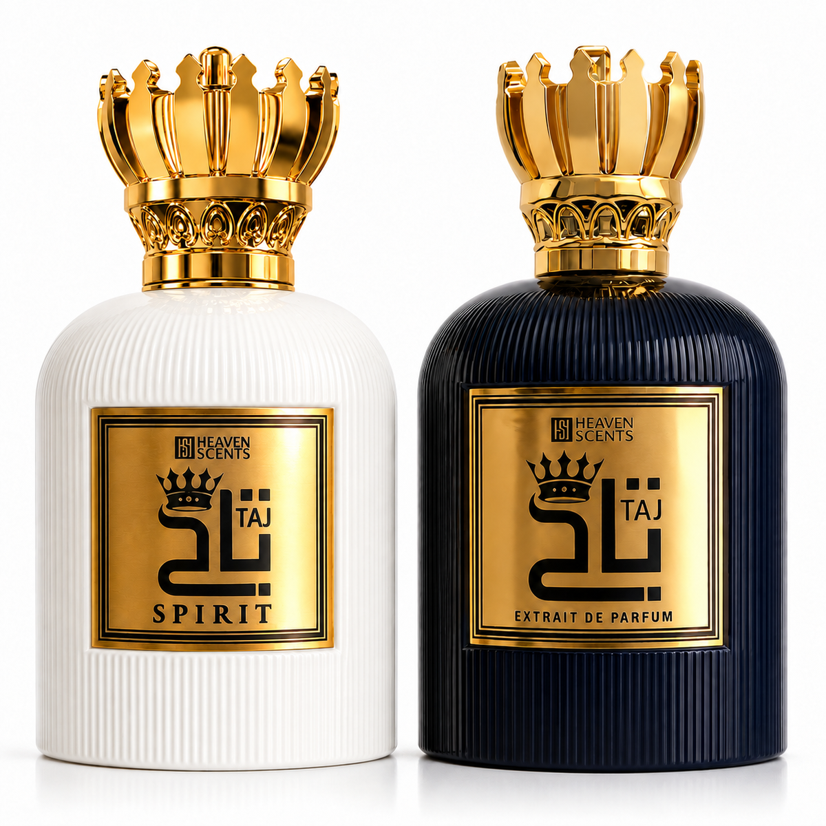 Taj and White Taj Spirit 100ml perfume duo by Heaven Scents with gold crown caps