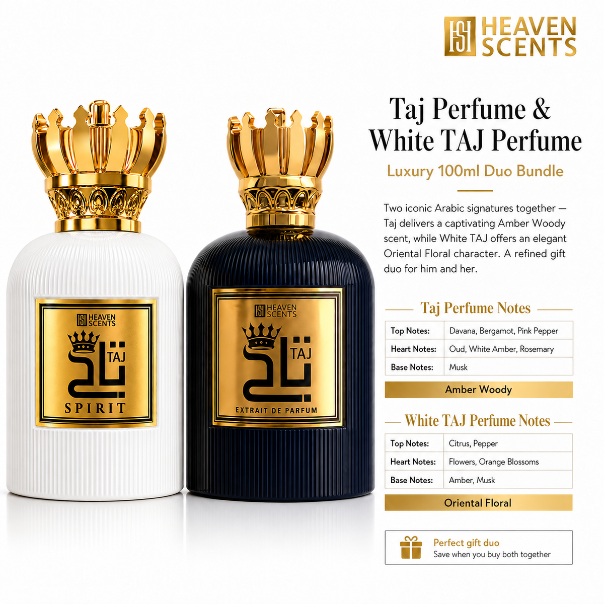 Taj and White Taj Spirit perfume duo by Heaven Scents with product details