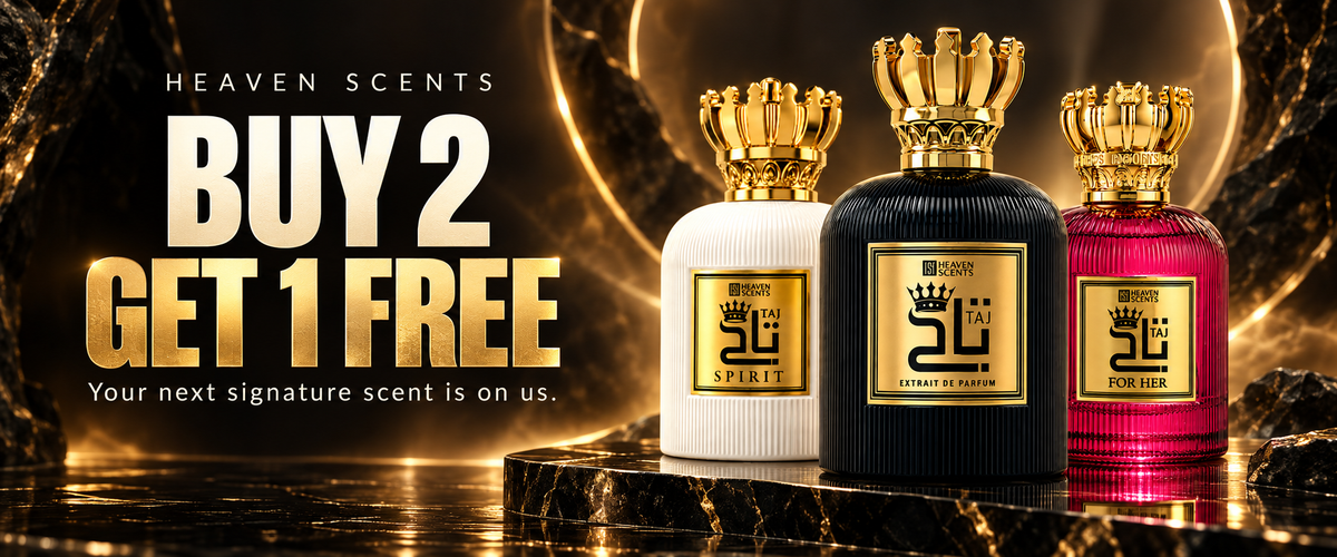 Heaven Scents — Buy 2, Get 1 Free. Taj, White Taj and Taj for Her perfumes.