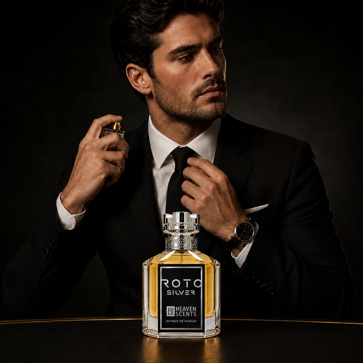 Man in a suit with a Roto Silver perfume bottle by Heaven Scents on a dark background