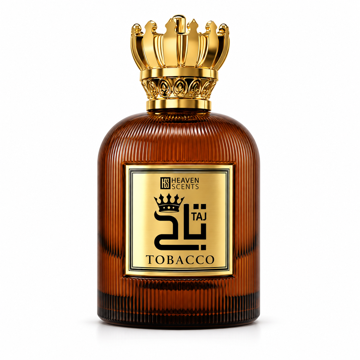 Taj Tobacco amber perfume bottle with open gold crown cap.