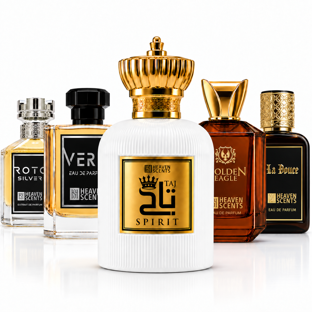 Heaven Scents winter perfume bundle with White Taj, Roto Silver, Golden Eagle, La Douce and Verie