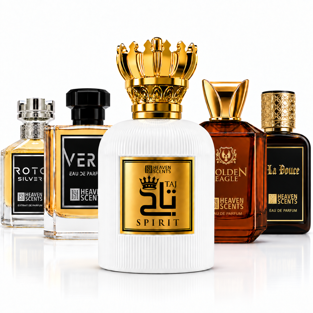 Heaven Scents winter perfume bundle with White Taj, Roto Silver, Golden Eagle, La Douce and Verie