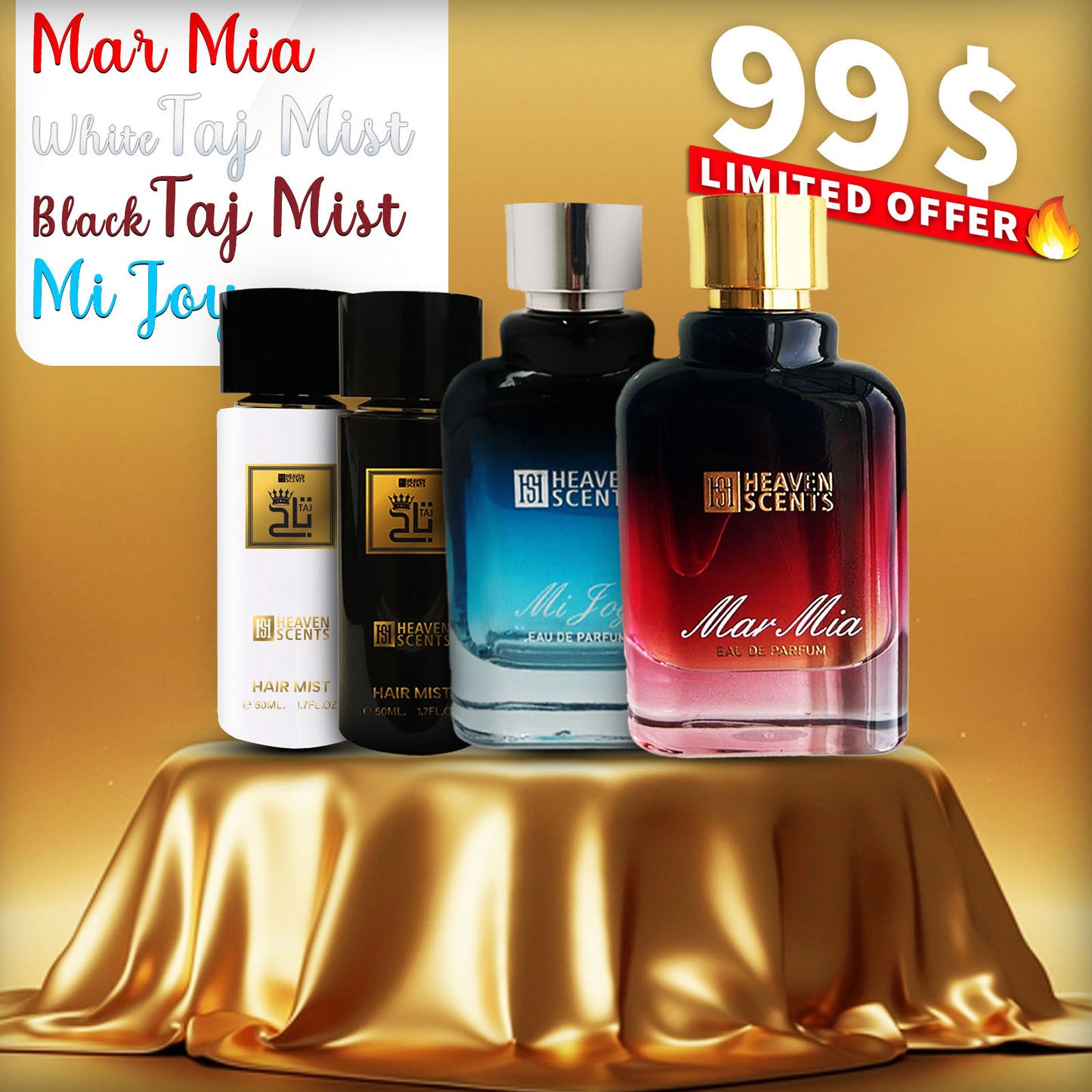 black taj hairmist + white taj hairmist + MarMia+ MiJoy