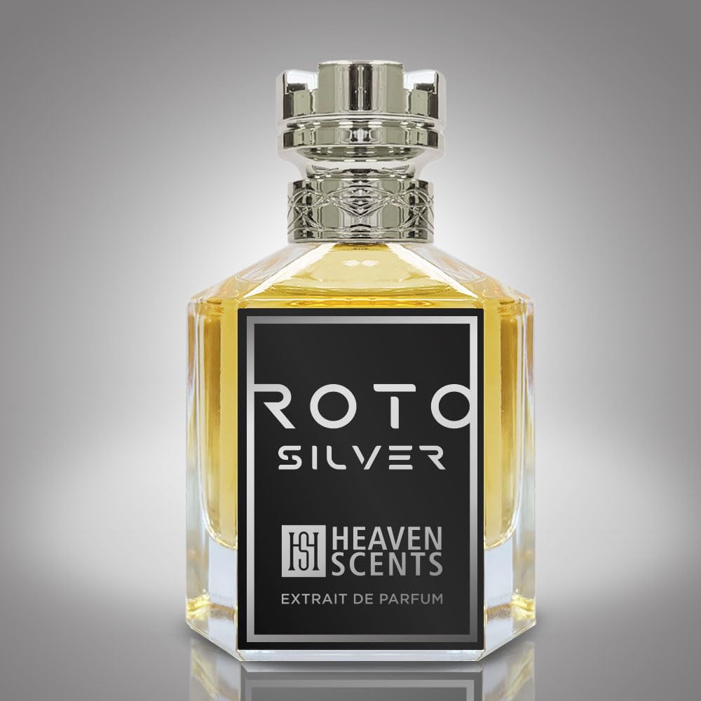 Roto Silver 100ml perfume by Heaven Scents, clear bottle with silver cap and black label