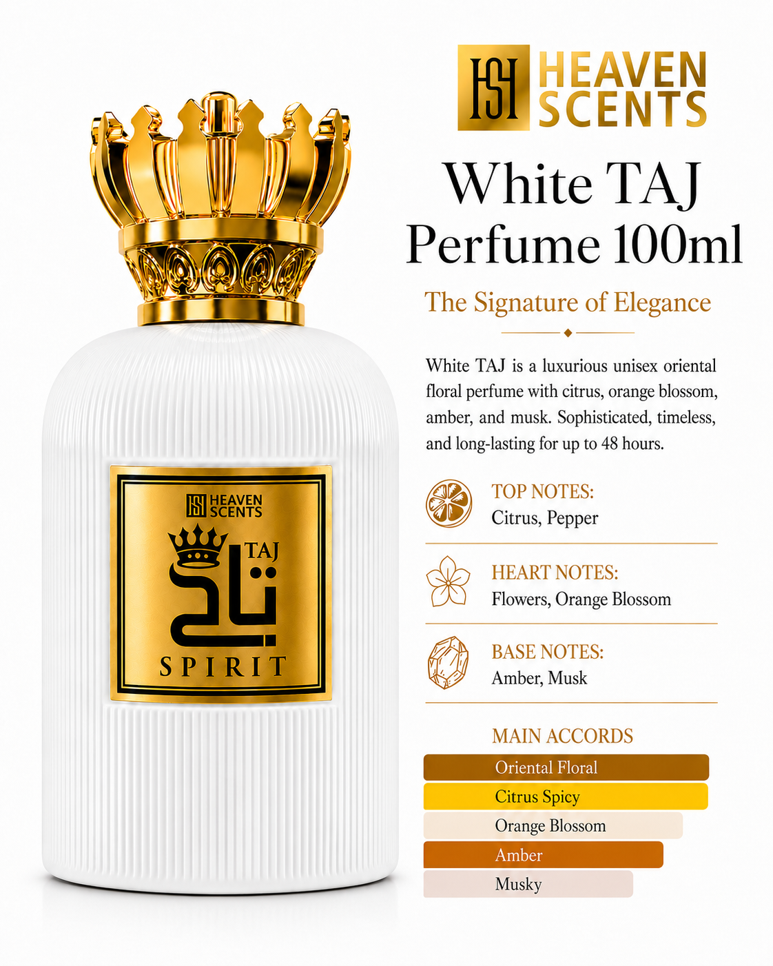 White TAJ Perfume 100ml bottle by Heaven Scents