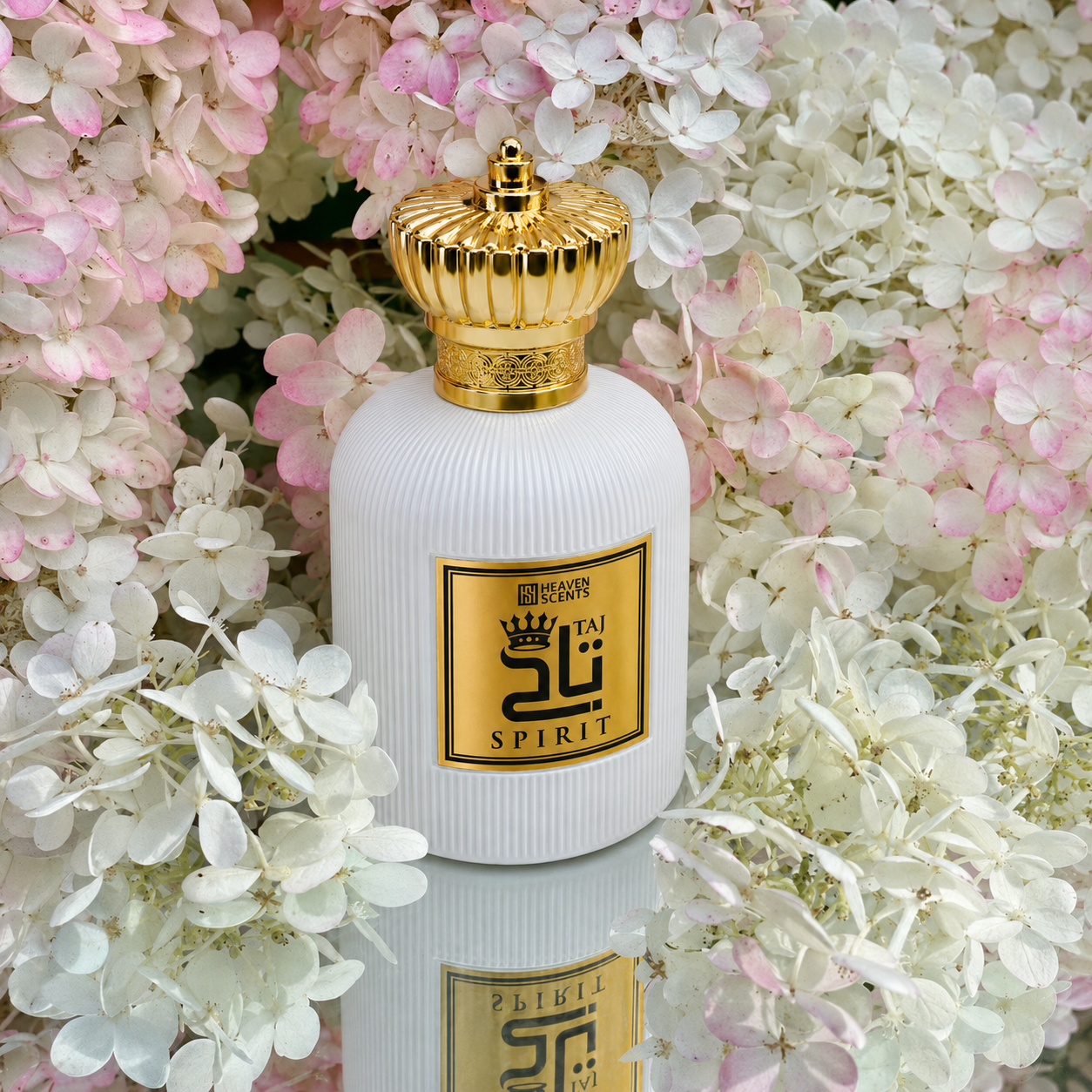 White TAJ Perfume 100ml bottle with gold cap and label surrounded by pink and white flowers