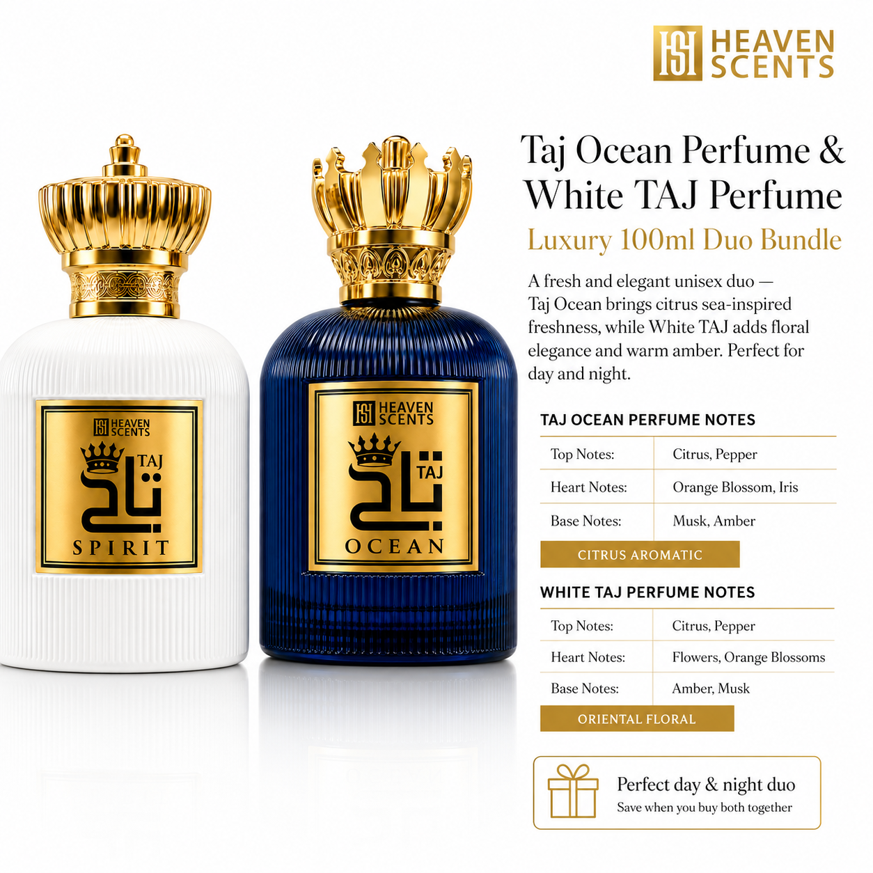 Two perfume bottles, one white and one blue, with gold caps, labeled 'Taj Ocean' and 'White Taj', on a white background. Accompanied by product details and branding.