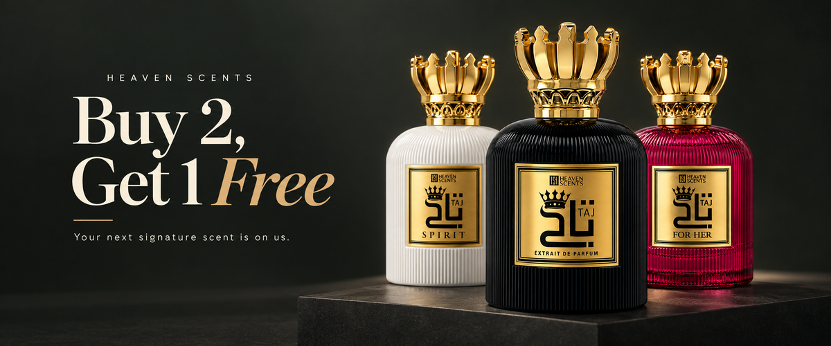 Heaven Scents Buy 2 Get 1 Free offer featuring White Taj Spirit, Black Taj and Taj For Her perfumes