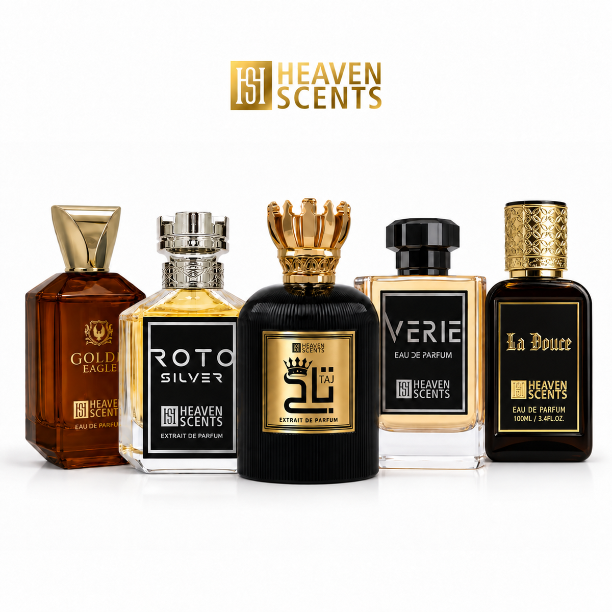 Heaven Scents summer perfume bundle with Taj, Roto Silver, Golden Eagle, La Douce and Verie