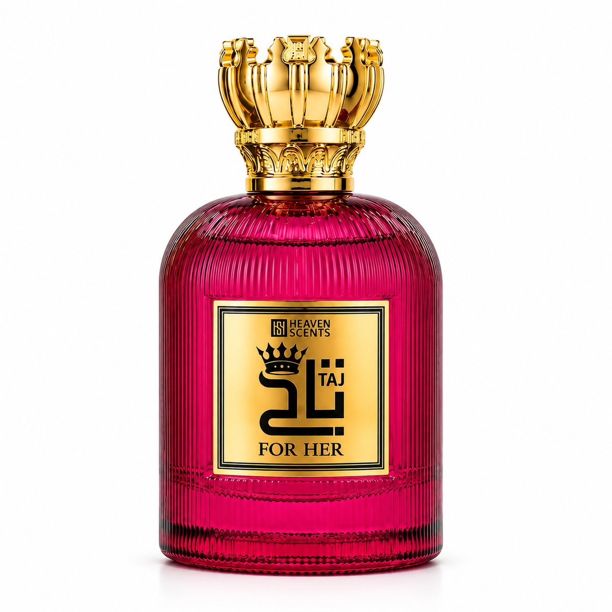 Taj For Her perfume bottle, ruby pink glass and gold crown cap.